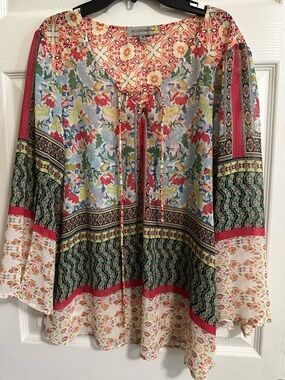 Figueroa And Flower Women's Med Sheer Boho Peasant Floral 3/4 Sleeve Blouse